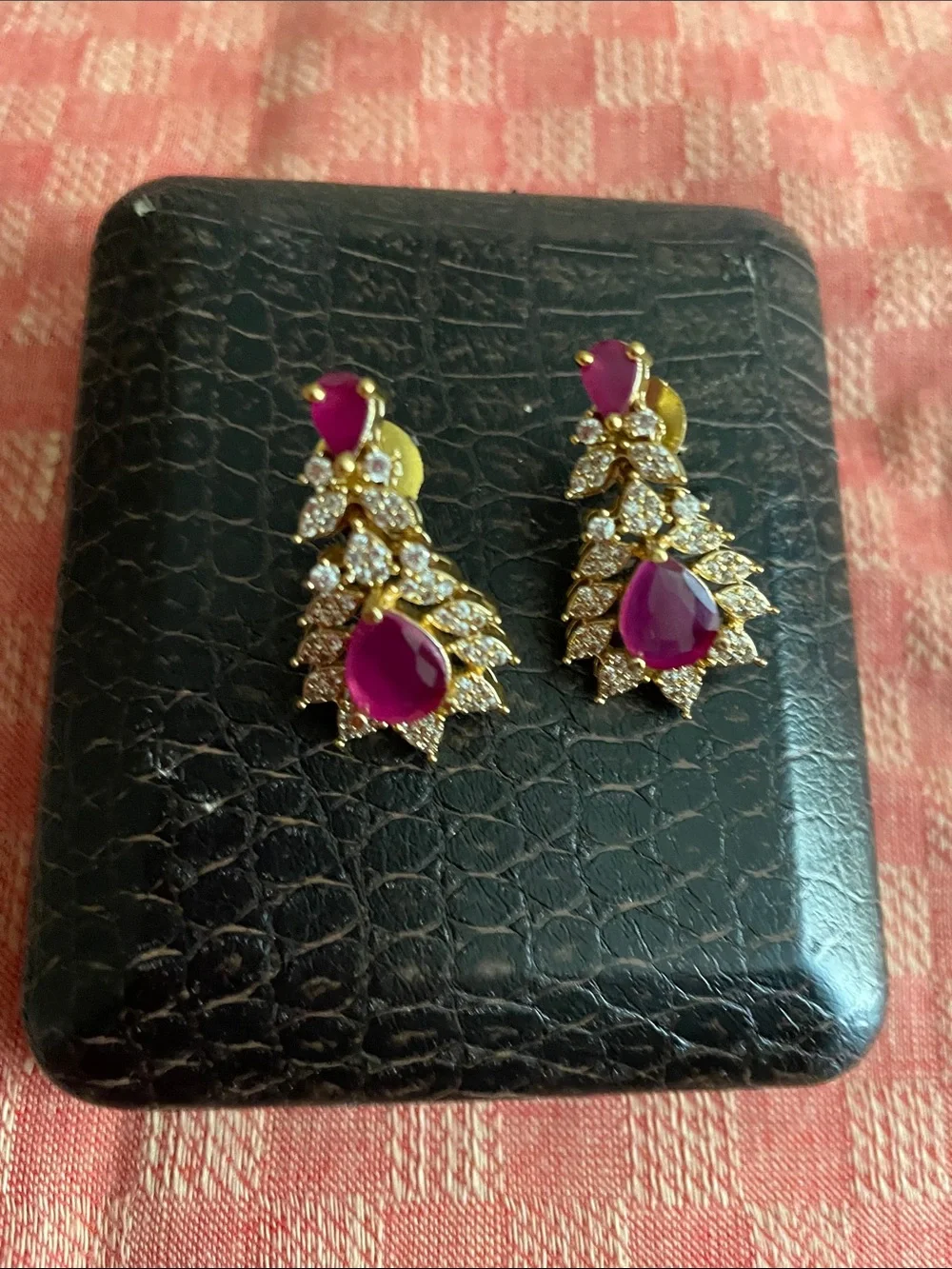 Gold-Tone Pink Teardrop and Crystal Cluster Earrings